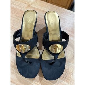 Coach Logo Wedge Sandals – Style A0501 – Size 8.5 B – Black/Gold‎